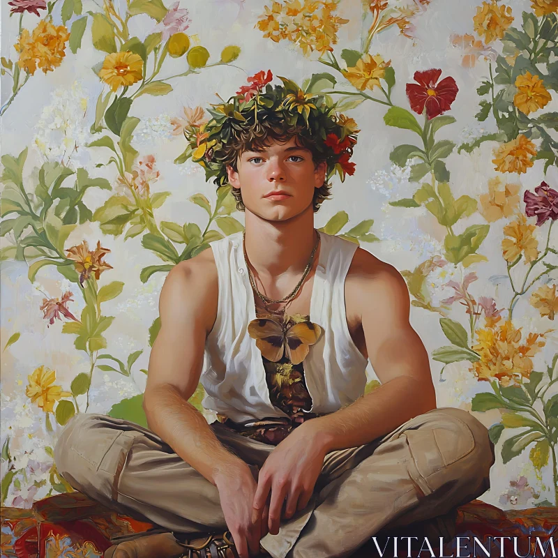 Man with Flower Crown and Butterfly-Themed Attire AI Image