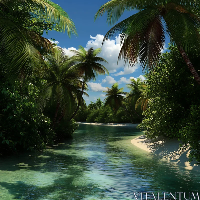 AI ART Tropical Oasis with Palm Trees and Tranquil Waters