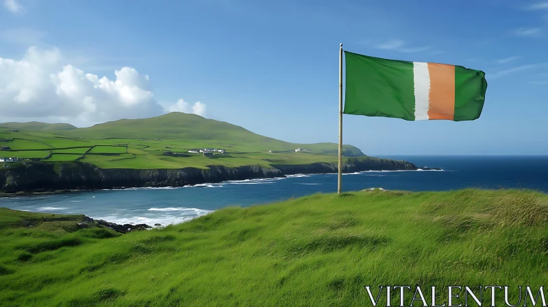 Scenic Coastline with Tricolored Flag and Rolling Green Hills AI Image