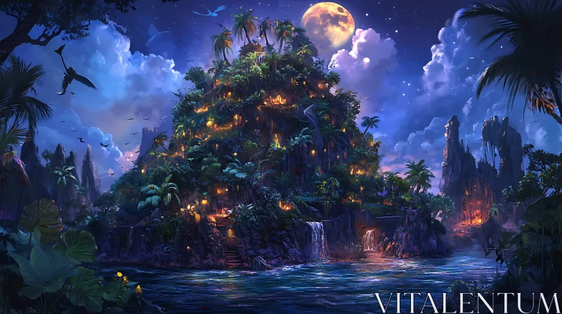 Enchanted Island with Waterfalls and Moonlight AI Image