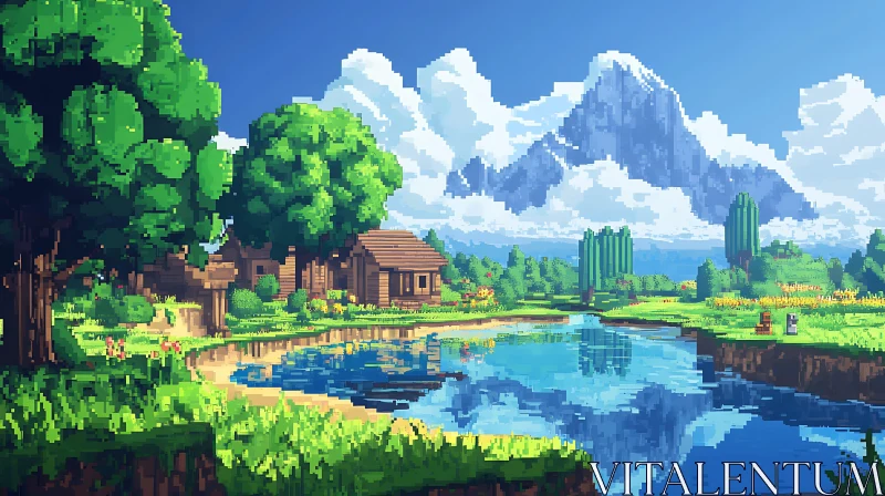 Serene Pixel Art with Mountain and Lake AI Image