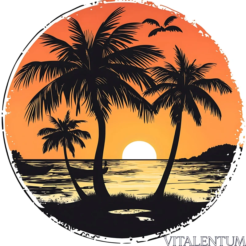 AI ART Illustration of a Serene Sunset Beach with Palm Trees