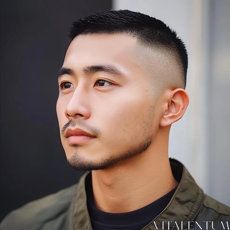 Focused Male Portrait with Neatly Trimmed Beard AI Image