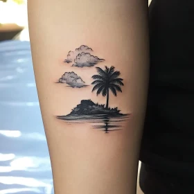 Black and Grey Island Scene Tattoo