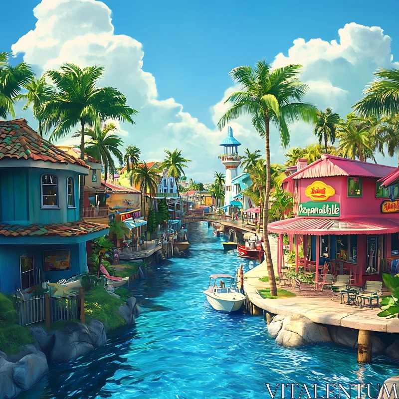 Sunny Island Oasis with Vibrant Architecture AI Image