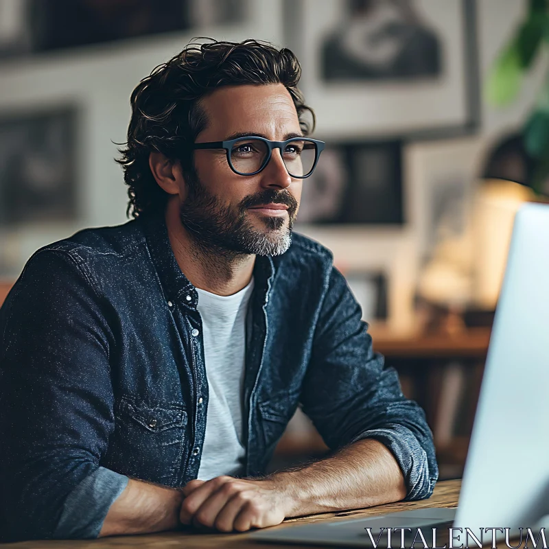 Man in Glasses Working on Laptop AI Image