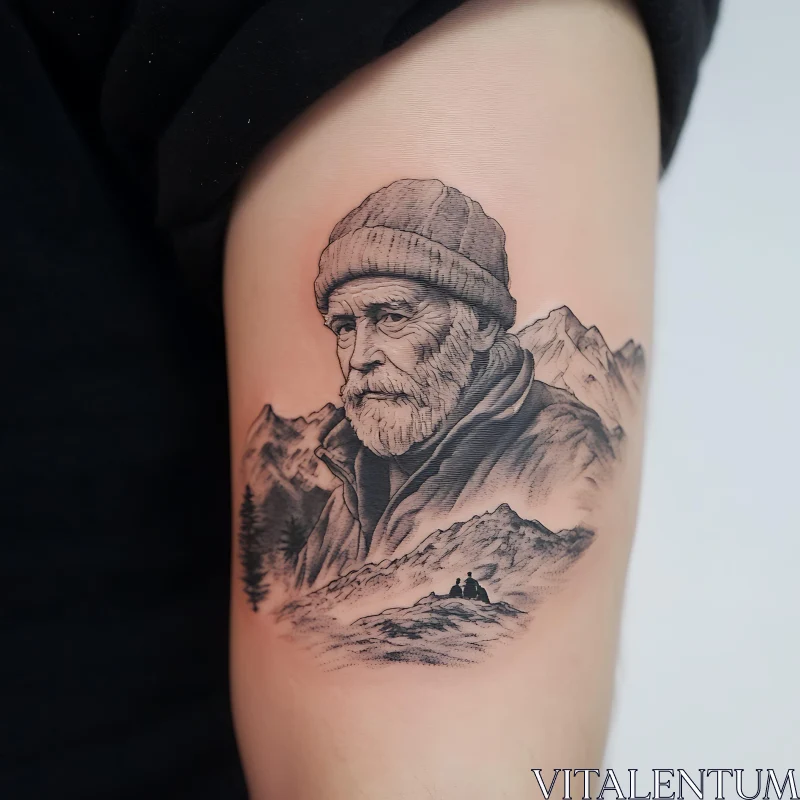 Black and Grey Mountain and Man's Portrait Tattoo AI Image