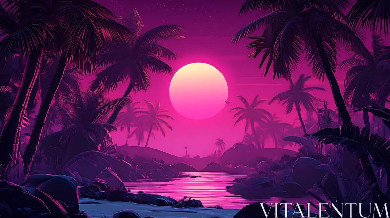 Vivid Tropical Sunset with Palm Trees Silhouettes AI Image