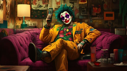 Eccentric Clown in Vibrant, Eclectic Room