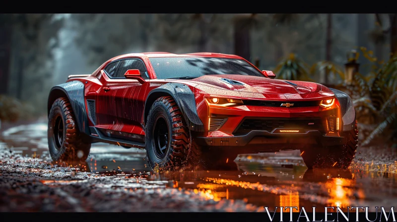 Off-Road Adventure Car in Rainy Woods AI Image