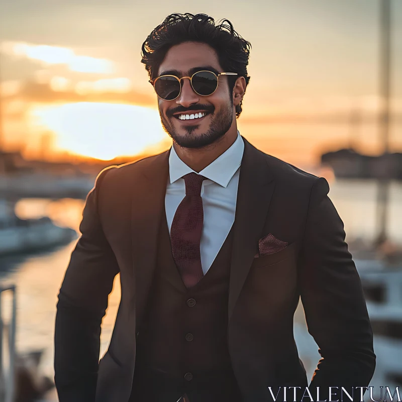 Man in Sunglasses and Suit Enjoying Sunset AI Image