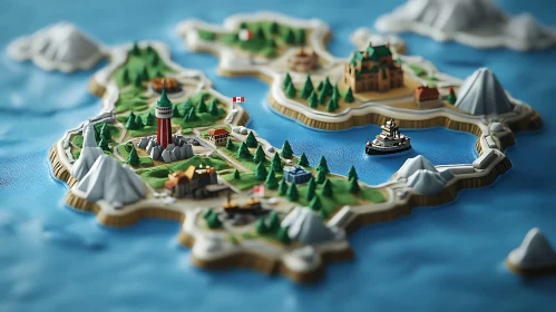 Miniature Island Diorama with Mountains, Forests, and Lighthouse