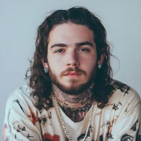 Tattooed Man with Curly Hair and Beard