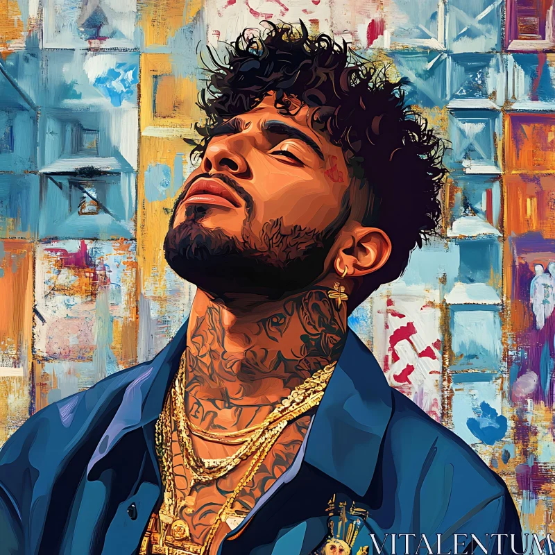 Colorful Portrait of a Man with Tattoos and Gold Chains AI Image