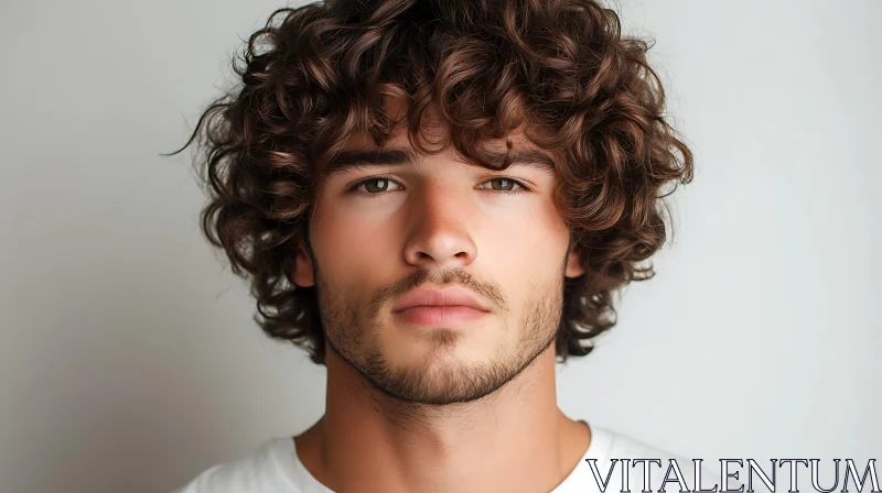 Curly-Haired Man's Portrait with Neutral Background AI Image