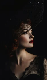 Mysterious Woman in Lace and Netted Hat