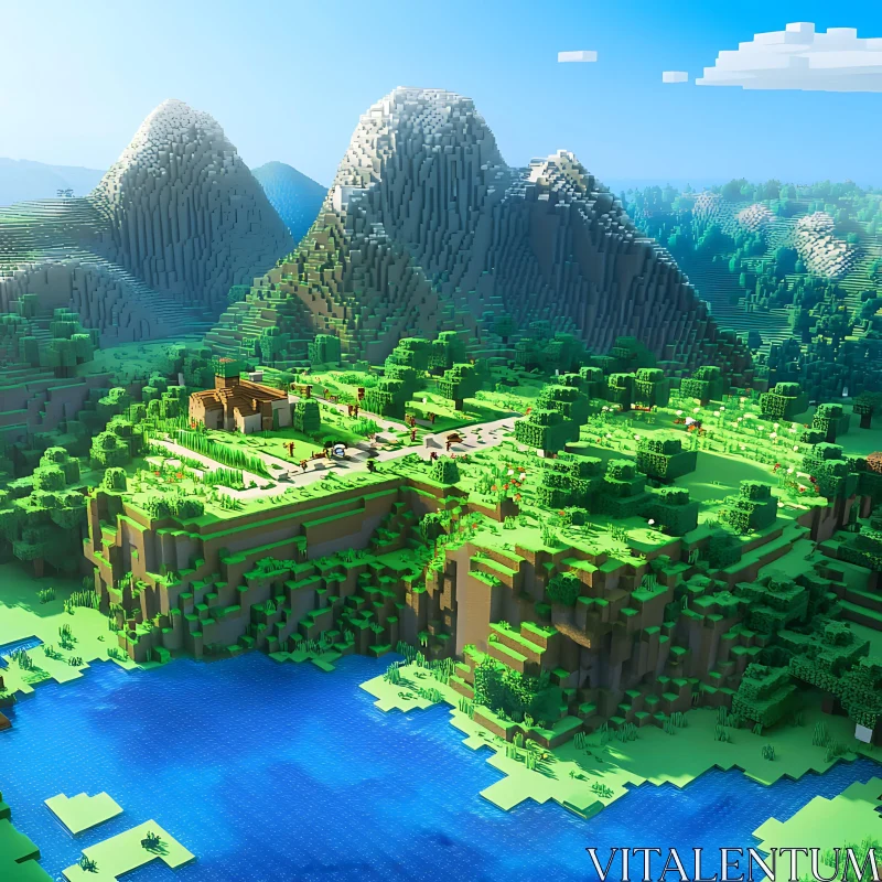 Minecraft-Style Mountainous Terrain with Forest and Lake AI Image