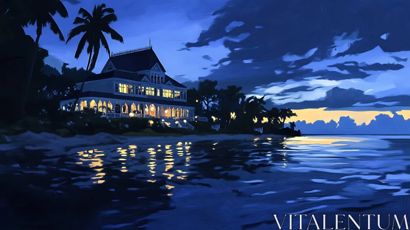 Serene Evening by a Glowing Waterfront House AI Image