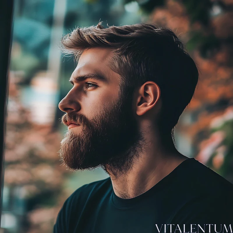 Tranquil Outdoor Portrait of Bearded Young Man AI Image