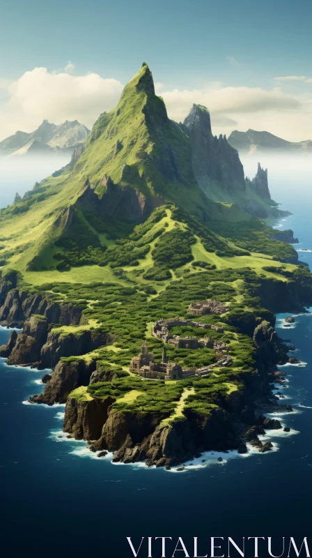 Verdant Mountainous Island with Coastal Settlements AI Image