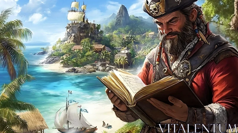 Pirate Engrossed in a Book Near the Sea AI Image