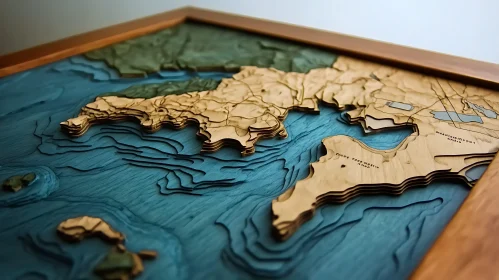 Detailed Wooden 3D Map of Coastal Geography