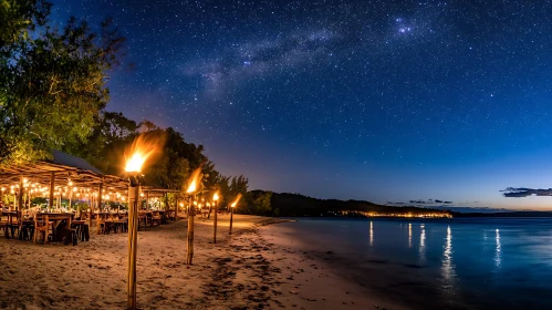 Tropical Beach Night Scene with Torches