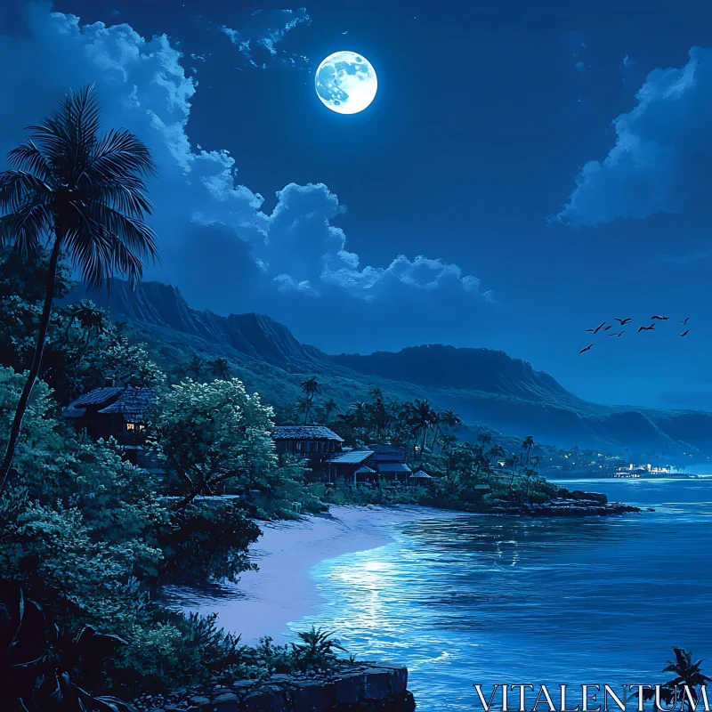 Full Moon Over Tropical Island Beach AI Image