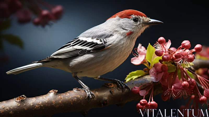 AI ART Bird with Red Cap and Blossoms