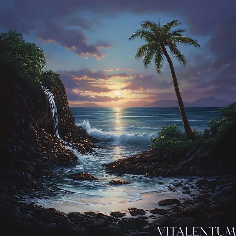 Tropical Sunset by the Waterfall AI Image