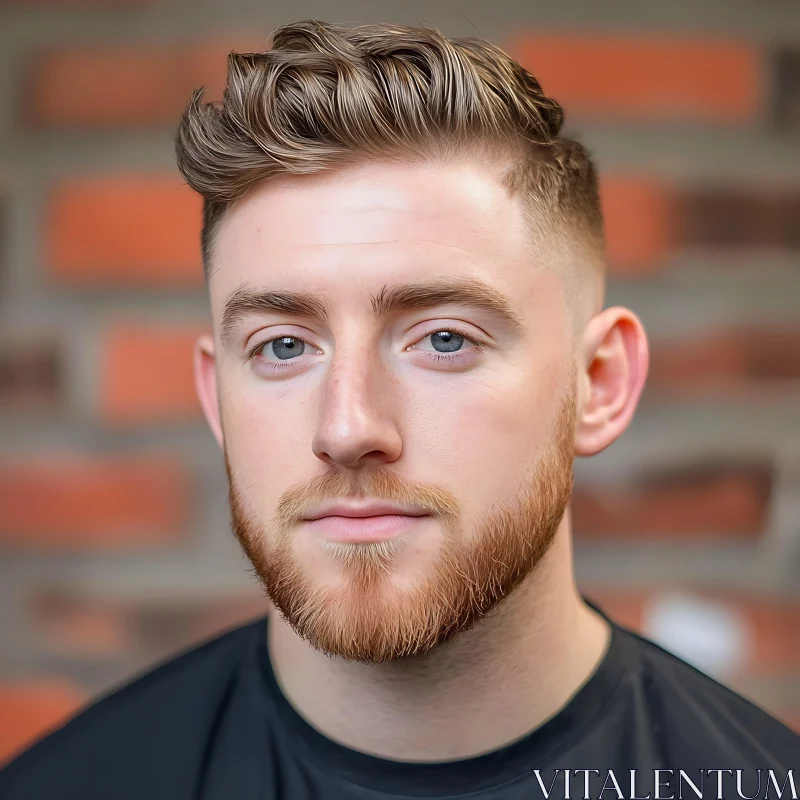 Man with Blue Eyes and Beard Against Brick Wall AI Image