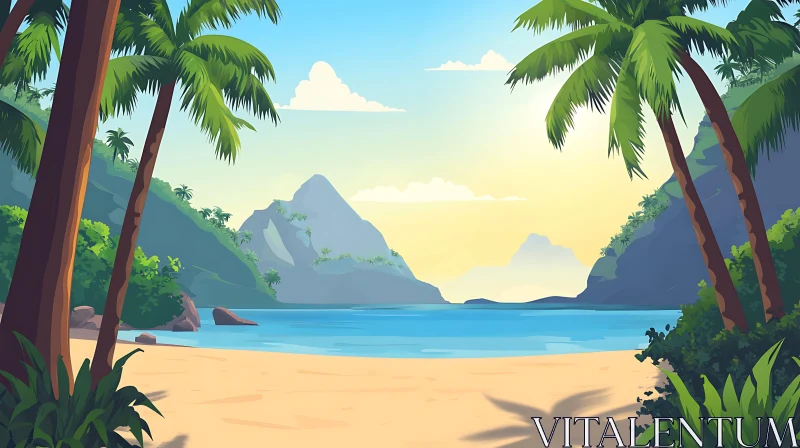 Serene Beach with Palm Trees and Mountain View AI Image