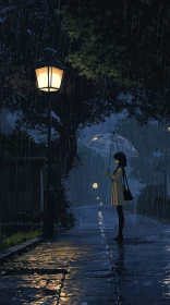 Serene Rainy Night Under Lantern Light