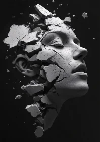 Shattered Human Face Sculpture with Dark Background