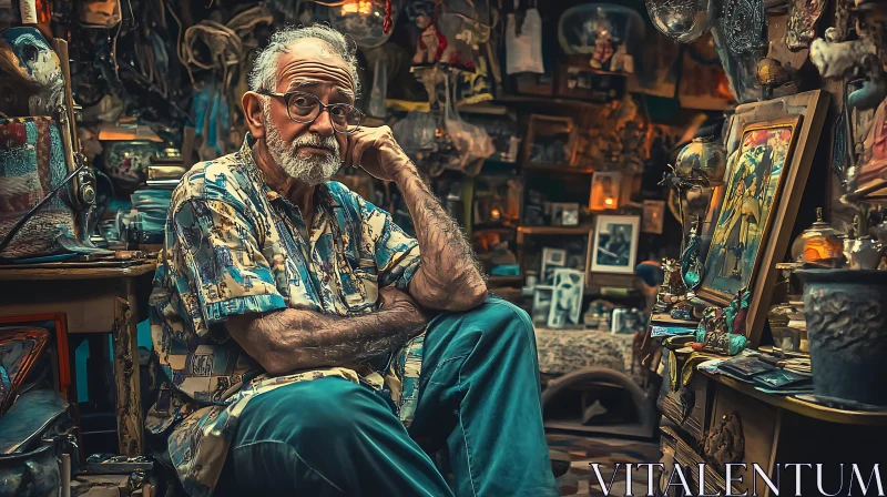 Elderly Collector in an Eclectic Cluttered Room AI Image