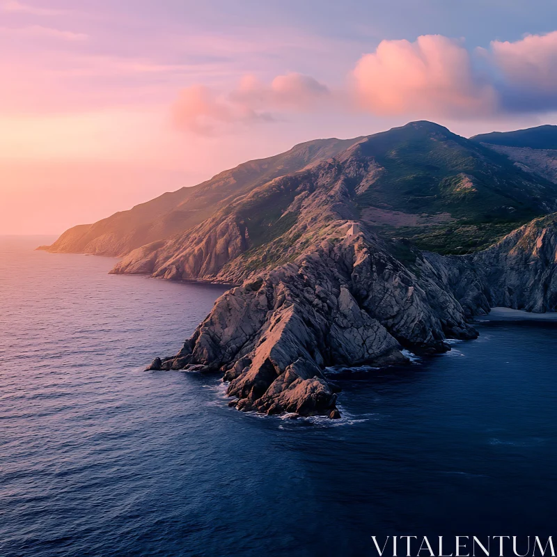 A Mountain Cliff Overlooking the Sea at Sundown AI Image