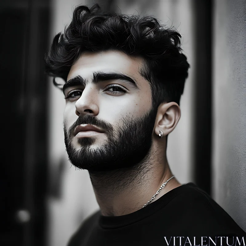 Contemplative Young Man in Black and White AI Image