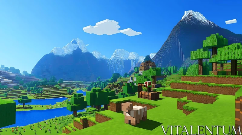 Blocky Voxel Game Scenery with Hills and Rivers AI Image