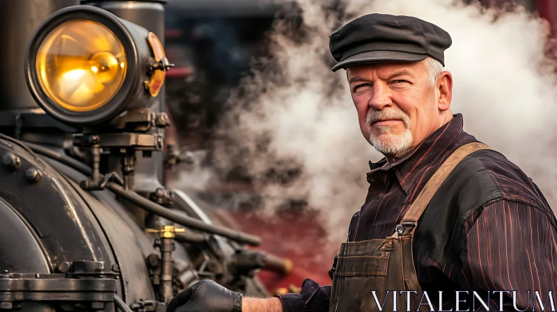 Vintage Railroad Worker with Steam Engine AI Image