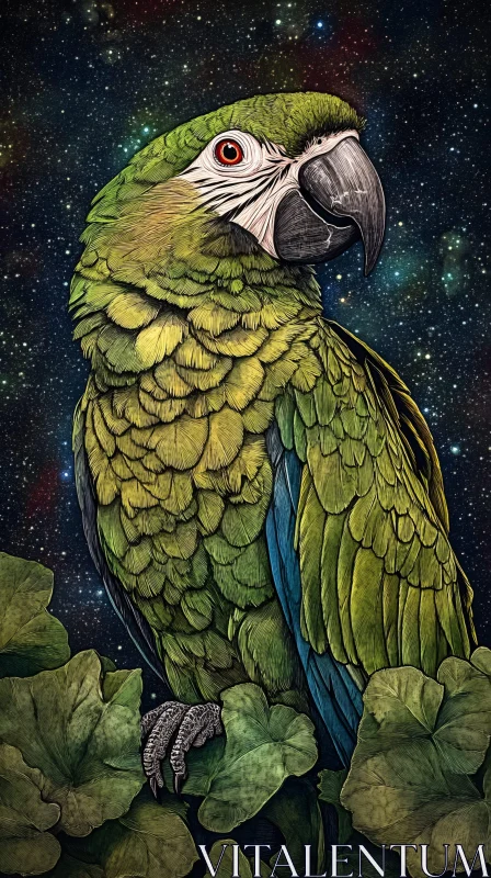 Vibrant Parrot with Galactic Background AI Image