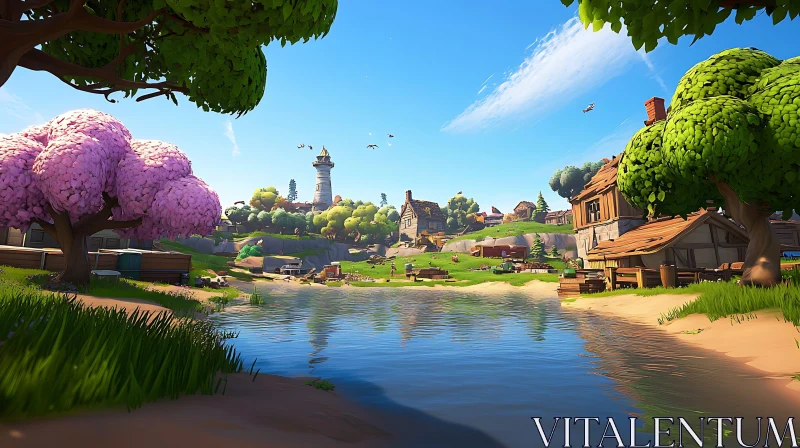 Idyllic Lakeside Village with Charming Architecture AI Image