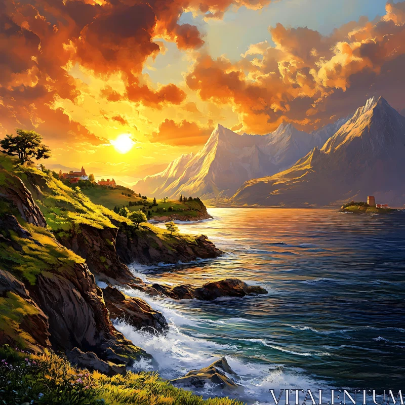 Golden Hour Seascape with Majestic Peaks AI Image