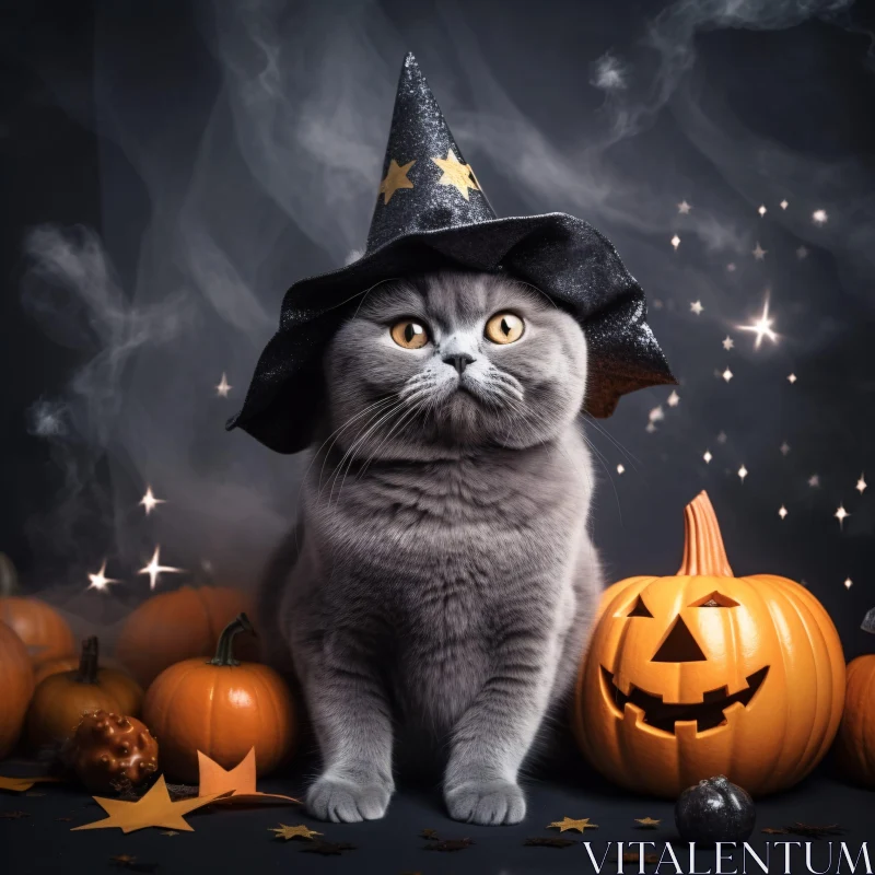 AI ART Halloween Cat with Witch Hat and Pumpkins