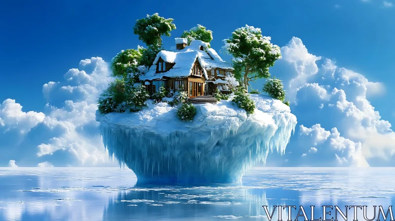 Picturesque Floating Island with Snow and Wooden Cottage AI Image