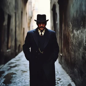 Vintage-Clad Man in Dimly-Lit Alley