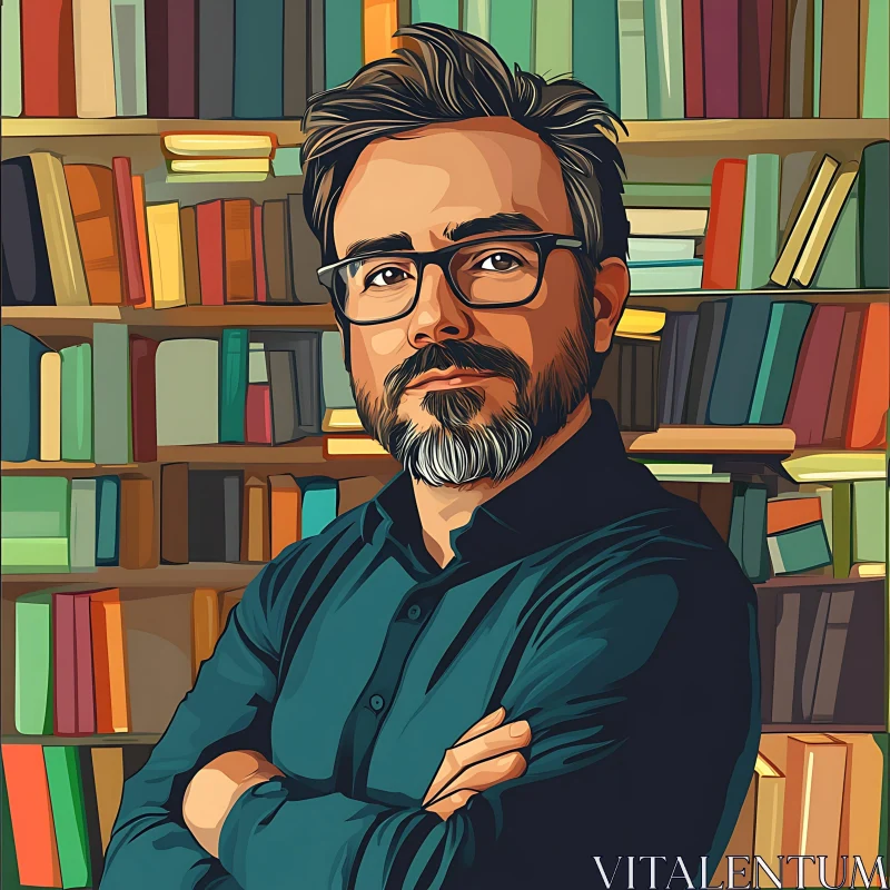 Bookish Illustrated Man in a Library AI Image