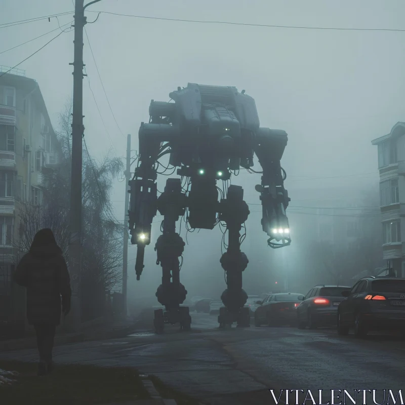 AI ART Foggy City with Giant Robot