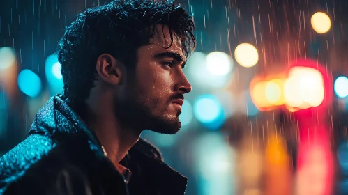 Pensive Man Standing in Rainy City