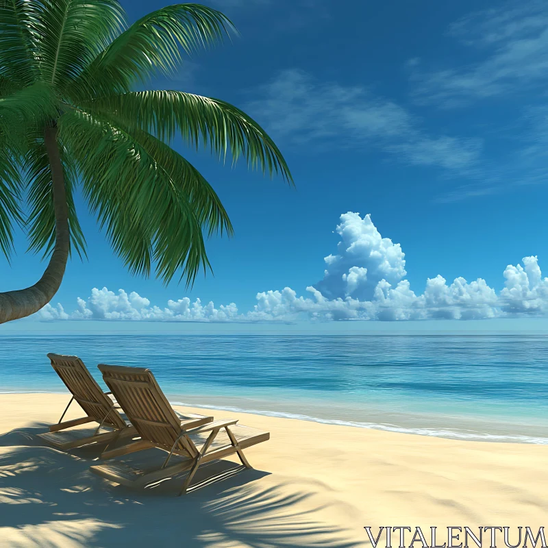 Peaceful Beach with Ocean View and Palm Tree AI Image