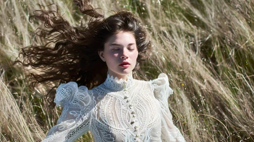 Serene Woman in Lace Dress Lying in Field